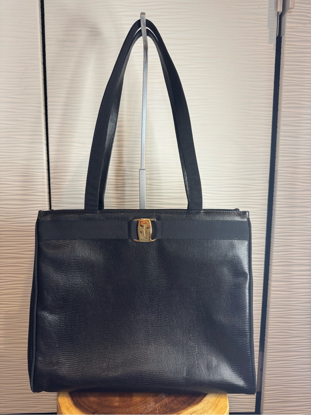 Vintage 1990s Salvatore Ferragamo Black leather Textured Tote with Gold Bow